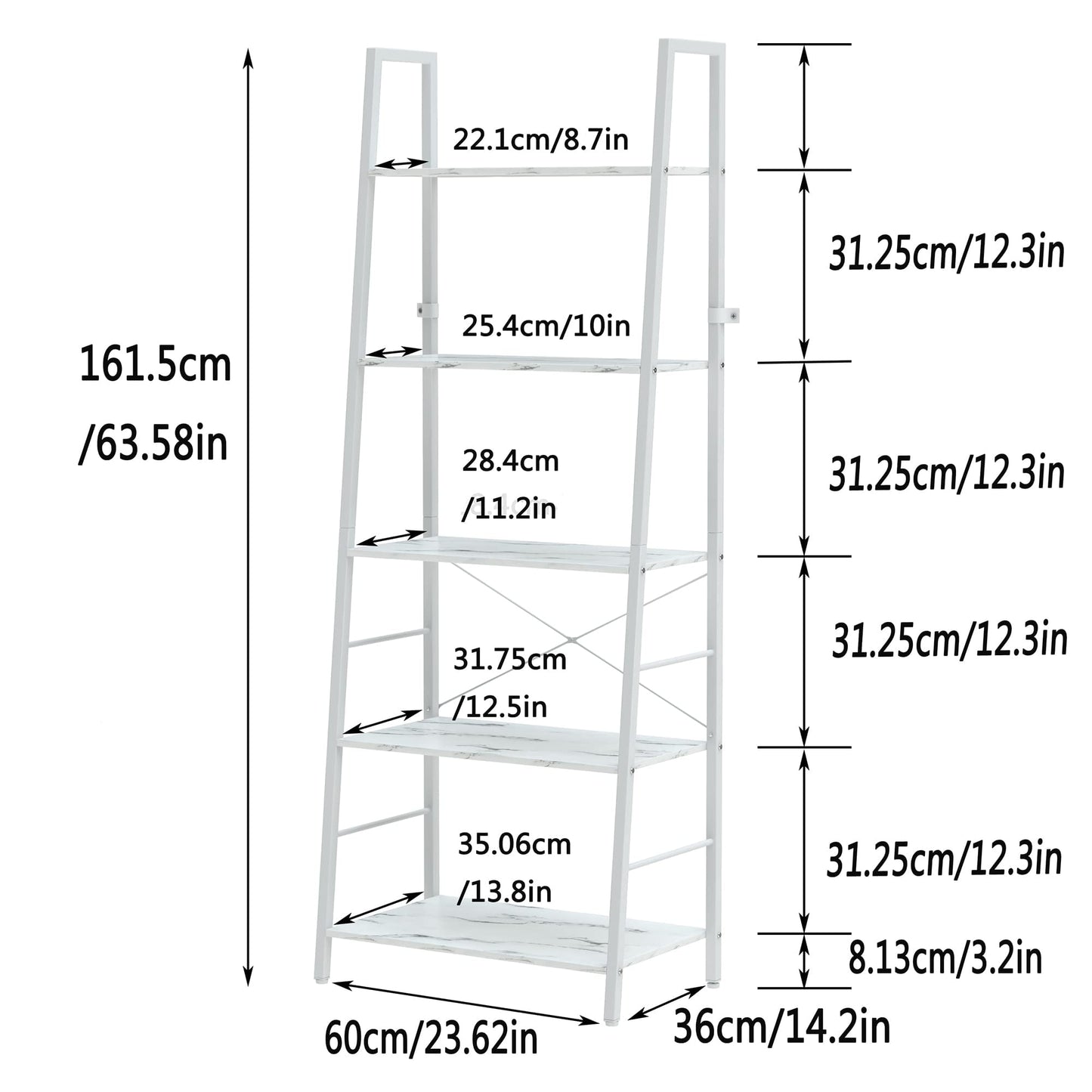 Bookshelf, Ladder Shelf 5-Tier Bookcase for Bedroom, Industrial Book Shelves Storage Rack with Metal Frame for Home Office, White