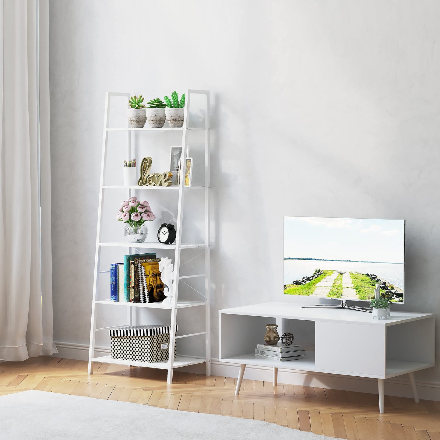 Bookshelf, Ladder Shelf 5-Tier Bookcase for Bedroom, Industrial Book Shelves Storage Rack with Metal Frame for Home Office, White