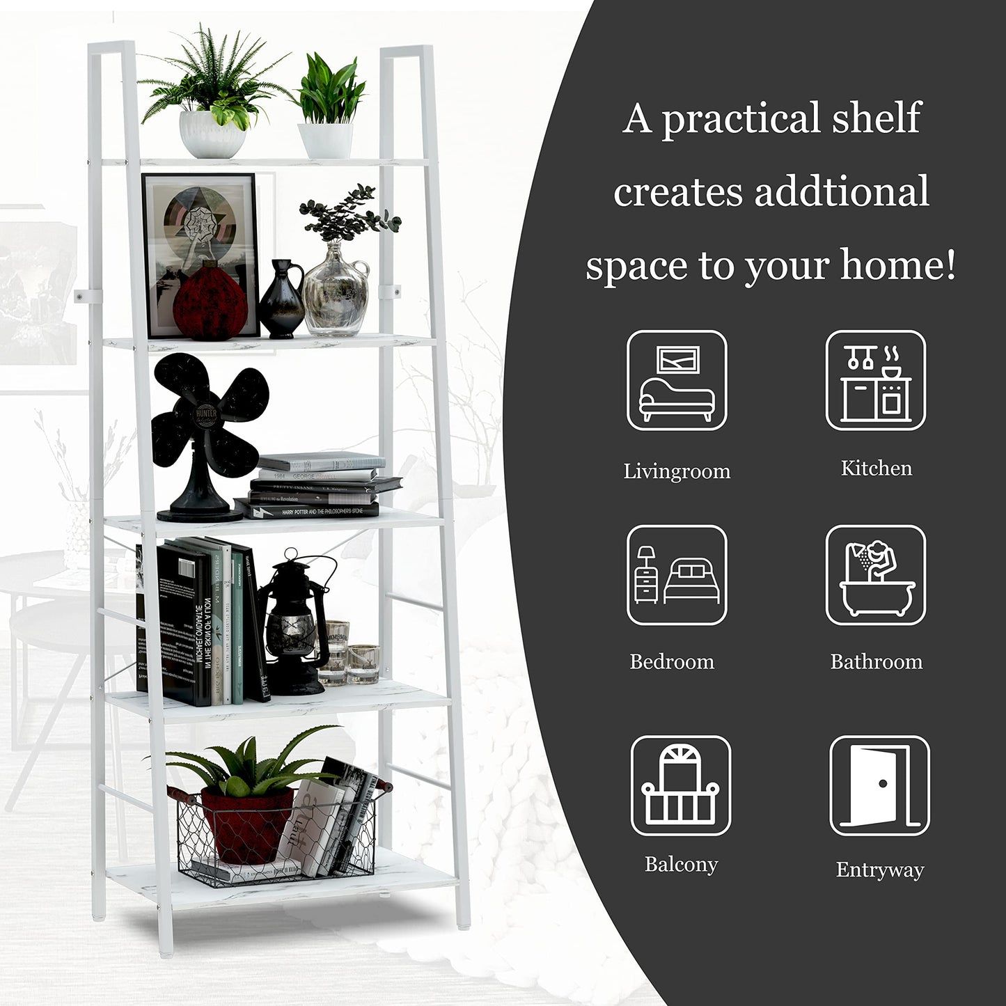 Bookshelf, Ladder Shelf 5-Tier Bookcase for Bedroom, Industrial Book Shelves Storage Rack with Metal Frame for Home Office, White