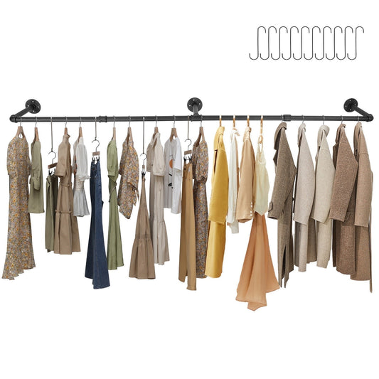 Industrial Pipe 72'' L Clothes Rack with 10 Hooks, Wall Mounted Heavy Duty Metal Retro Garment Display Hanging Rod Bar, Max Load 135Lbs (Black)