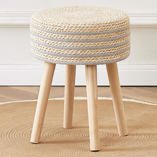 Cpintltr round Ottoman Footstool Natural Seagrass Foot Stool Pouf Ottomans with Solid Wood Legs Hand Weave Hyacinth Footrest Step Stool for Living Room Balcony Garden Natural & Grey