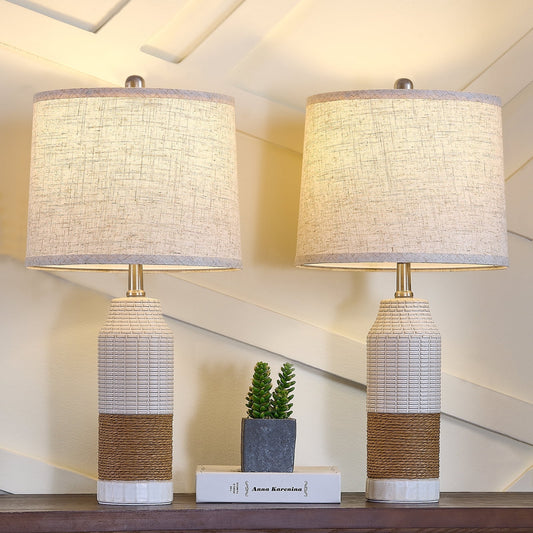 Rattan Table Lamps Set of 2-24.8" Ceramic Bedside Lamps for Living Room - 3-Color Temperature& Soft Linen Lampshade - Desk Reading Lamp for Bedroom Decoration, Nightstand, 2 Bulbs Included