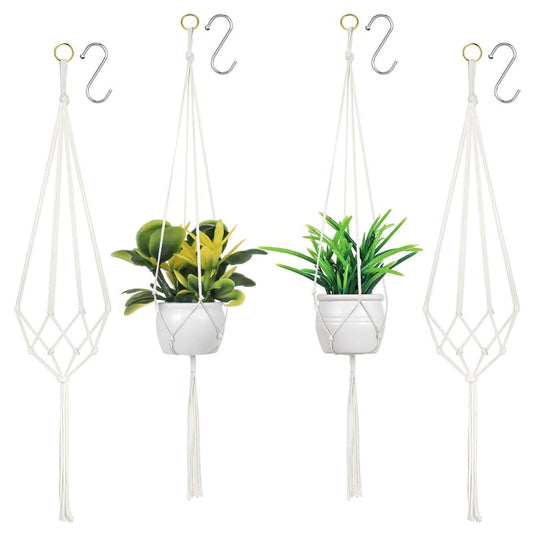 4PCS Macrame Plant Hanger for Inside, Hanging Planters for Indoor Plants with 4 Hooks, 2 Size, 4 Legs Structurally Stable Cotton Rope Hanging Plant Holder for Boho Home Decor