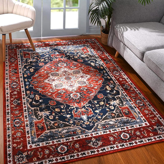 Boho Area Rug Vintage Rug Anti-Slip Persian Carpet for Living Room Bedroom,Red ,4'X6'