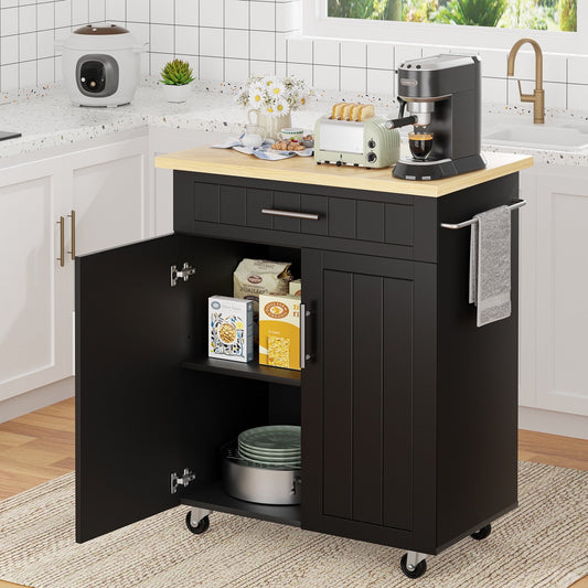 Kitchen Island Table Stand with Storage on Wheels,Rolling Kitchen Cart Storage Cabinet with Drawer,Black