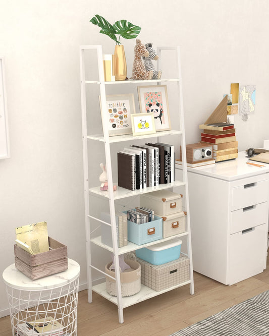 Bookshelf, Ladder Shelf 5-Tier Bookcase for Bedroom, Industrial Book Shelves Storage Rack with Metal Frame for Home Office, White