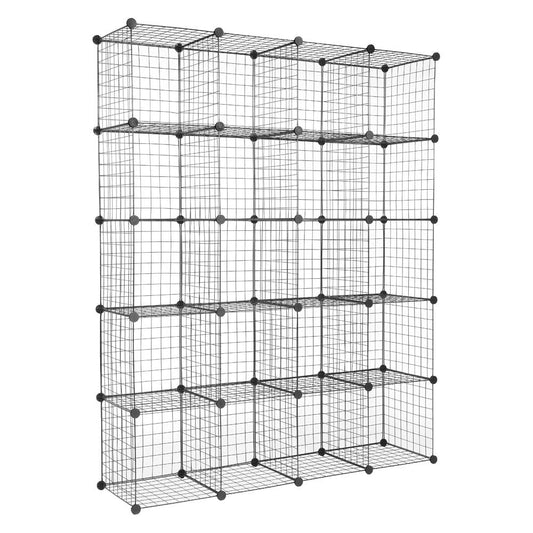 DIY 20-Cube Wire Grid Storage Organizer, 14"X14" Modular Wardrobe Bookshelf for Office Bedroom Bathroom Living Room, Black