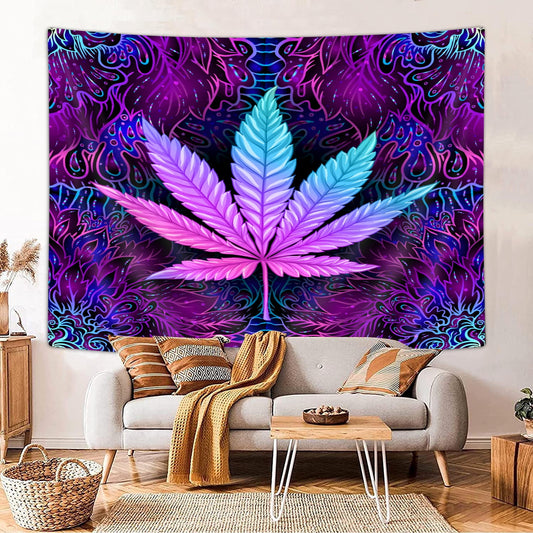 Weed Marijuana Leaf Tapestry, Cool Trippy Neon Purple Tie Dye Stoner Tapestry Wall Hanging for Men Bedroom, Hippie Bohemian Mandala Tapestries Poster Blanket College Dorm Home Decor 60X40Inches