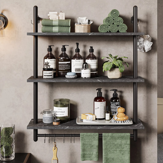 31" Kitchen Wall Shelves 3-Tier Floating Shelves for Bathroom, Bedroom, Living Room, Black Marble